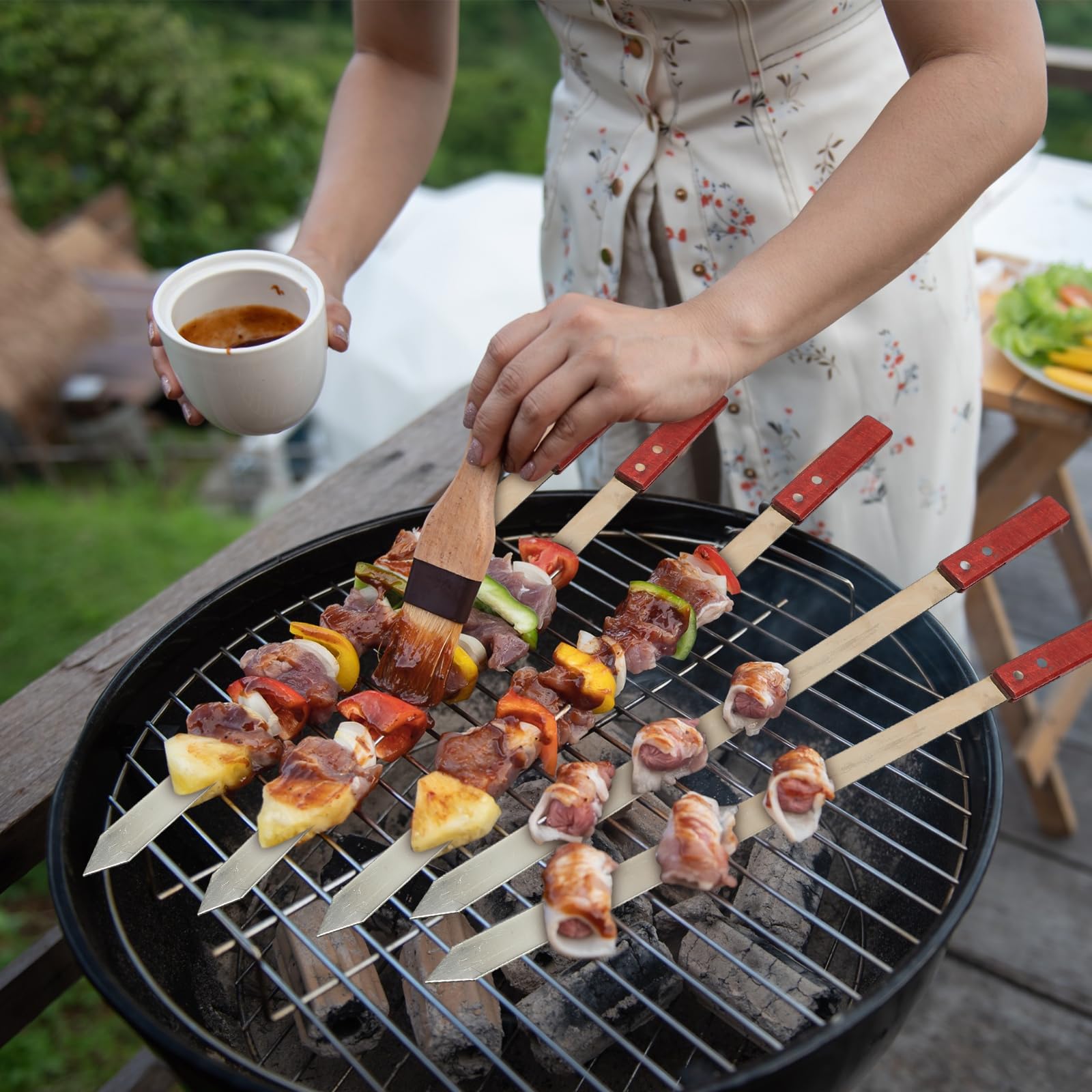 Zhehao 16 Pcs Heavy Duty Kabob Skewers 1 Inch Wide 2Mm Thin Kabob Skewers Bbq Skewers Stainless Steel Metal Skewers For Grilling